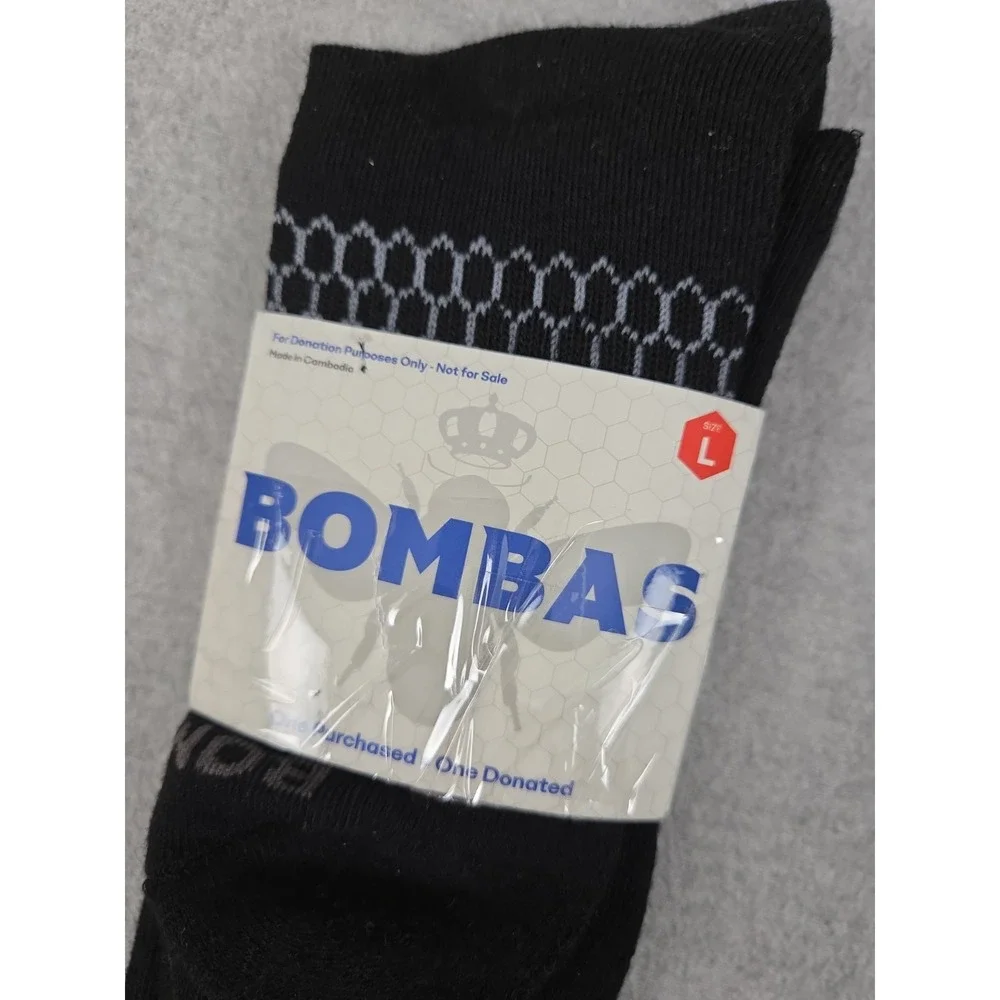 BOMBAS Black Crew Socks Honeycomb Poly Blend Unisex L Cushioned Comfort NEW